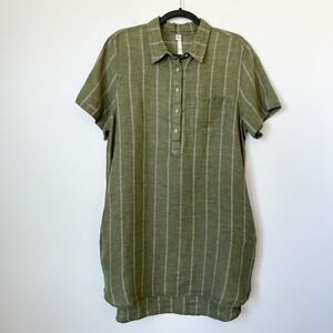 Uncle Frank Linen Tunic Shirt Dress Pockets Womens Large Green Stripe